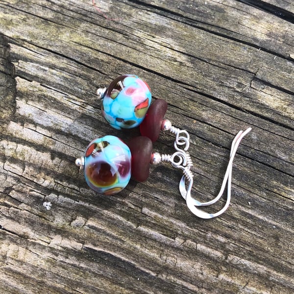 ‘Tutti fruity’ Turquoise & red mix lampwork glass earrings. Sterling Silver 