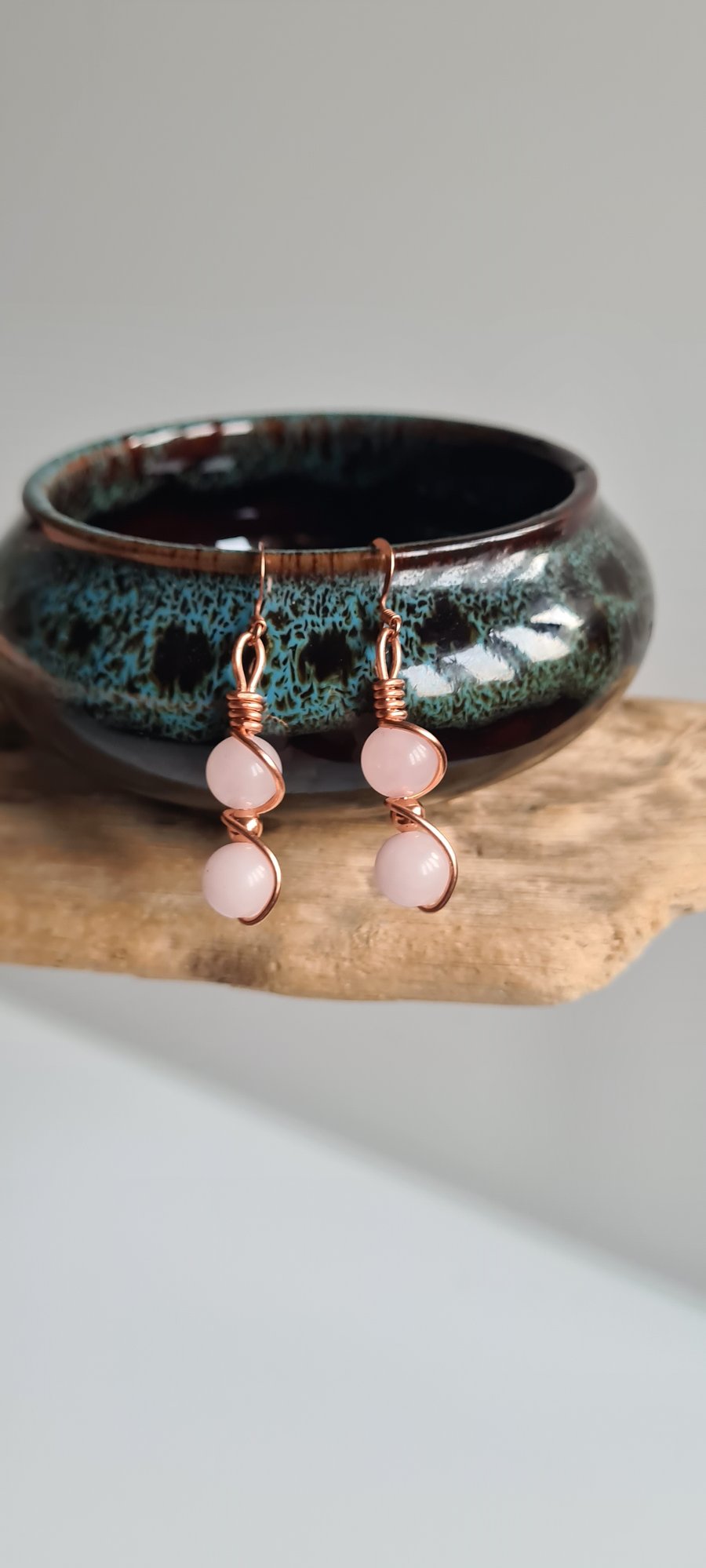 Handmade Rose Quartz & Copper Earrings Gift Boxed.... Pendant to match available