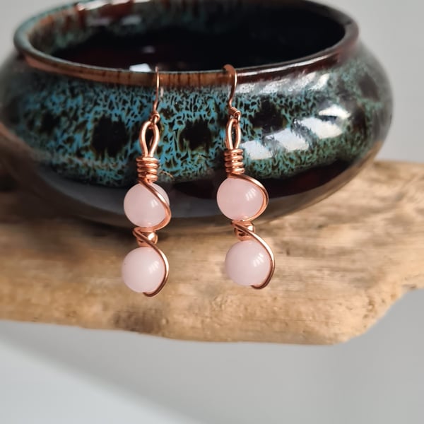 Handmade Rose Quartz & Copper Earrings Gift Boxed.... Pendant to match available