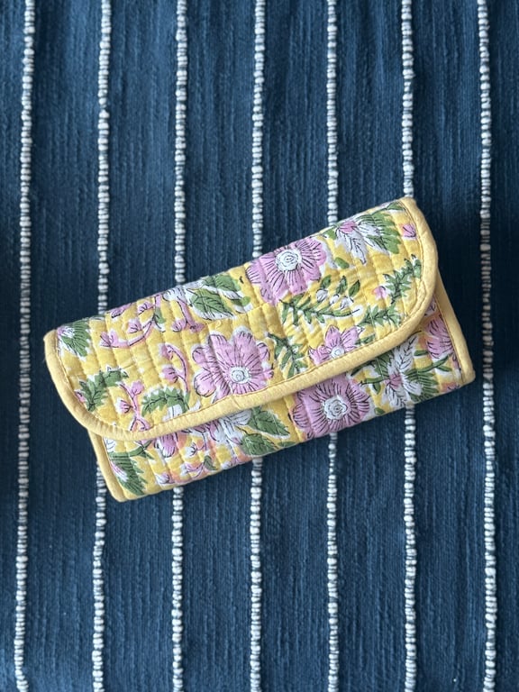 100% Cotton Indian Print Quilted Toiletry Roll Up Pouch: Travel Makeup Kit