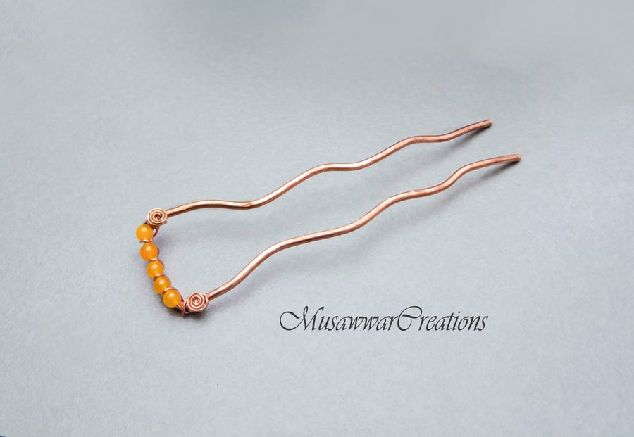 Copper hair bun holder, opaque yellow quartz,pure copper Hair fork,