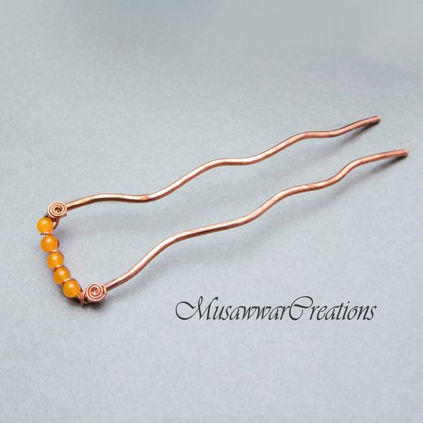 Copper hair bun holder, opaque yellow quartz,pure copper Hair fork,