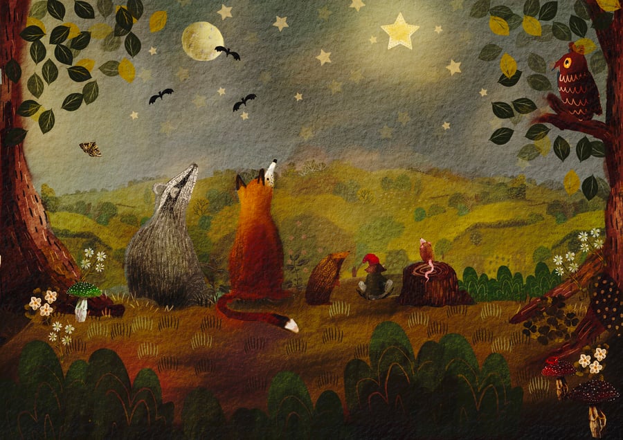 Cute, cosy woodland animals art print for nursery or kids room, fox, badger, hed