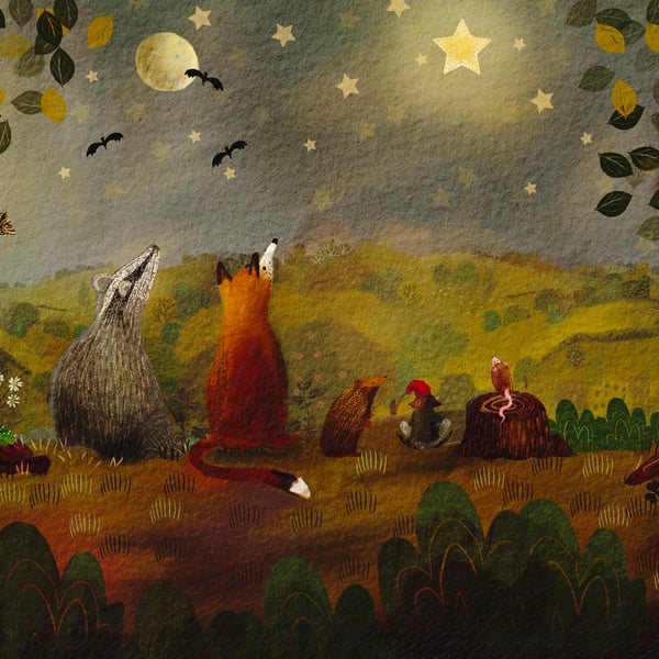 Cute, cosy woodland animals art print for nursery or kids room, fox, badger, hed