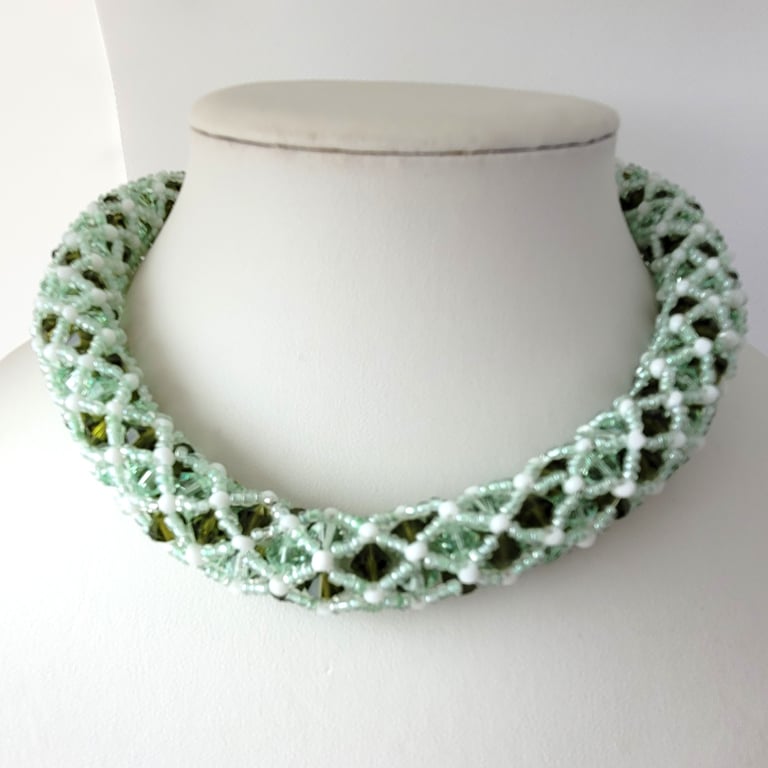 Netted rope necklace with green Swarovski bicone crystals and white seed beads
