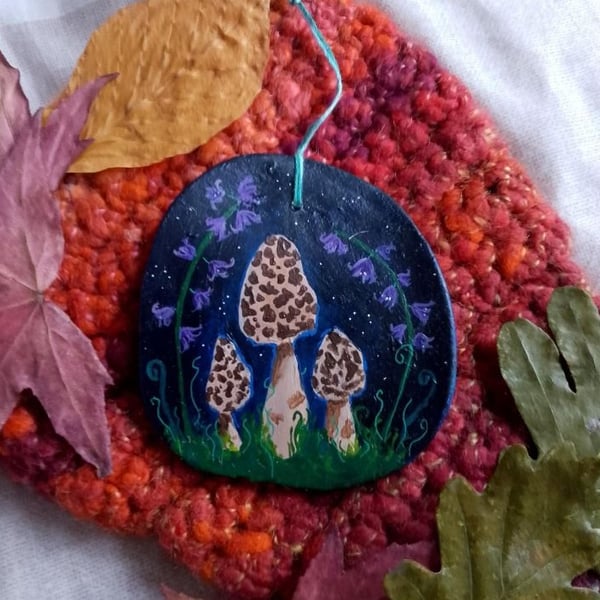 Morels and bluebell's wall hanging 
