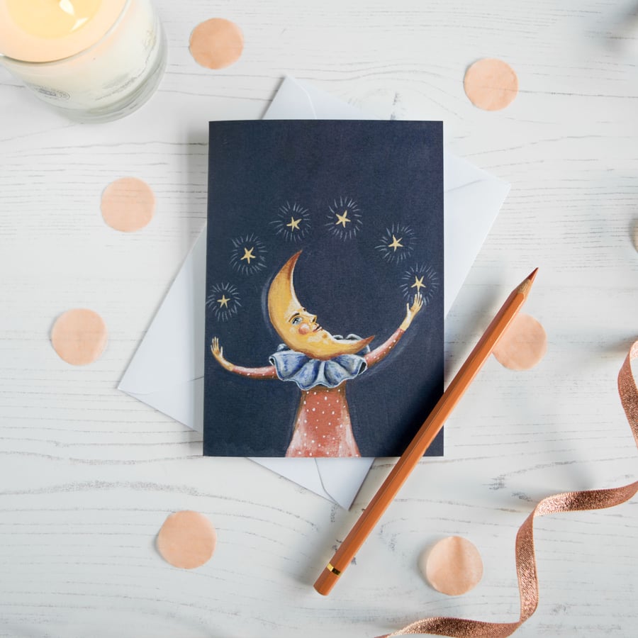 Crescent moon man with stars illustrated blank A6 greeting card. Unisex