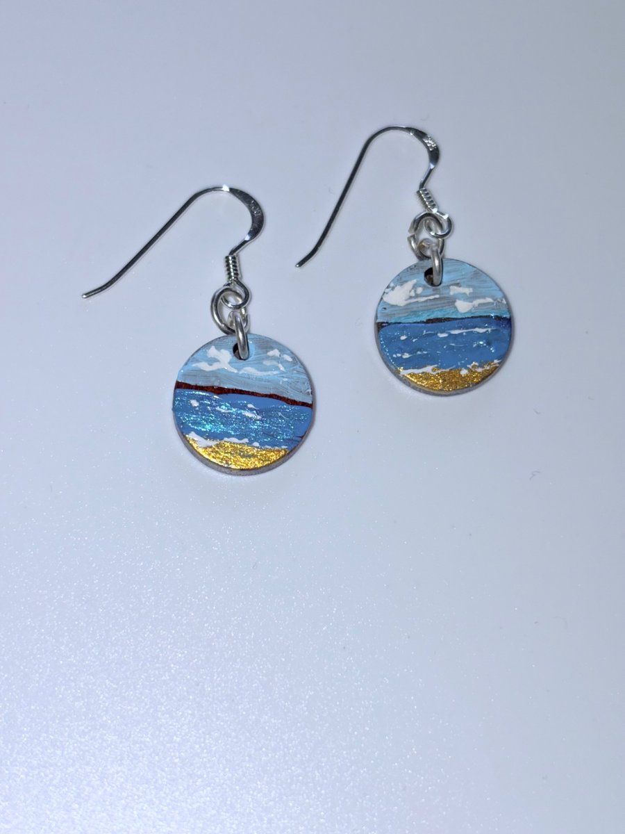 Hand Painted Beach Scene Earrings – Coastal Beach Artwork – Tiny Art - Waves