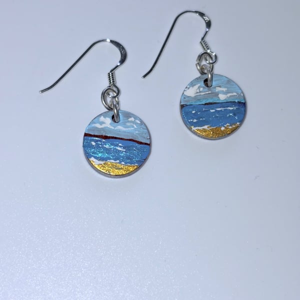 Hand Painted Beach Scene Earrings – Coastal Beach Artwork – Tiny Art - Waves