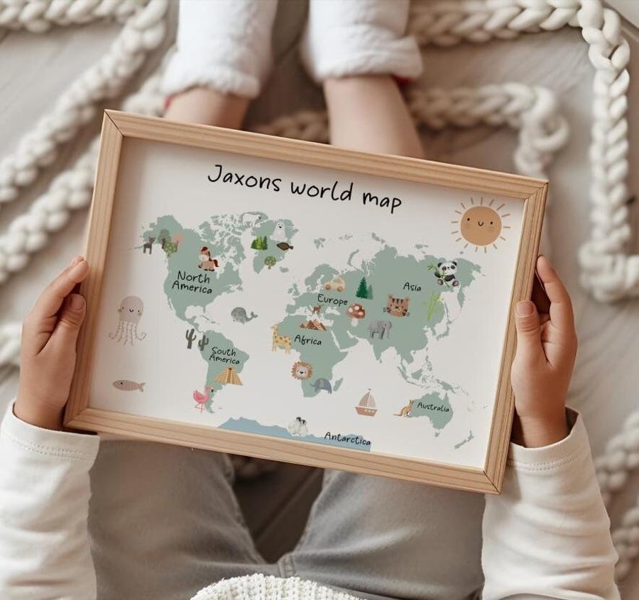 Kids safari personalised Animal Map Print, Educational Wall Art for Nursery & Pl