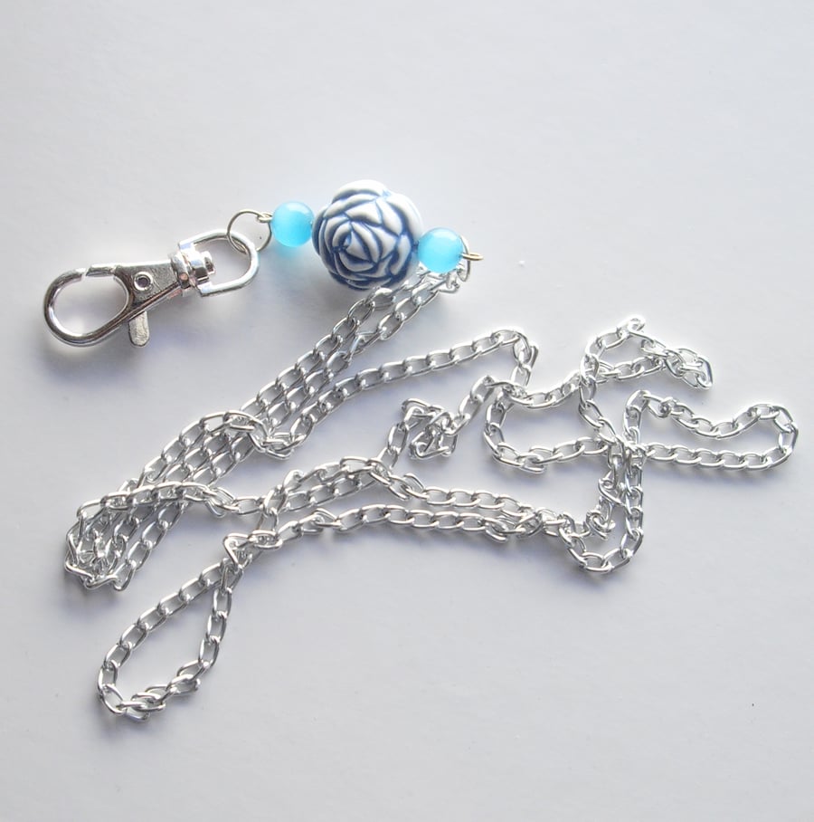 Silver Plated Chain and Blue Flower Bead Mexican Opal Lanyard - UK Free Post