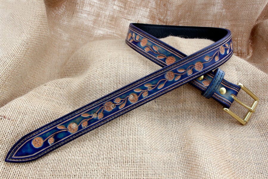 Handmade Blue Leather Leaf Belt with Brass Buckle