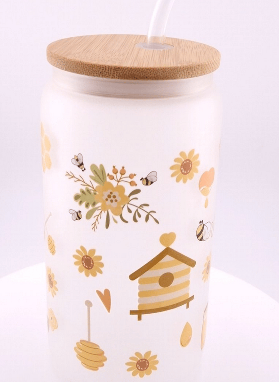 Pretty Bee and Honeycomb Frosted Glass Tumbler