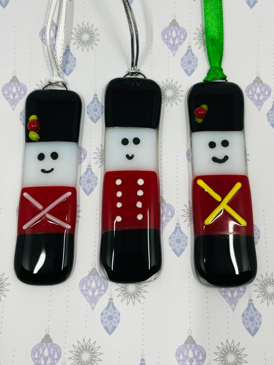 Three Handmade Fused Glass Soldier Hanging Christmas Decorations