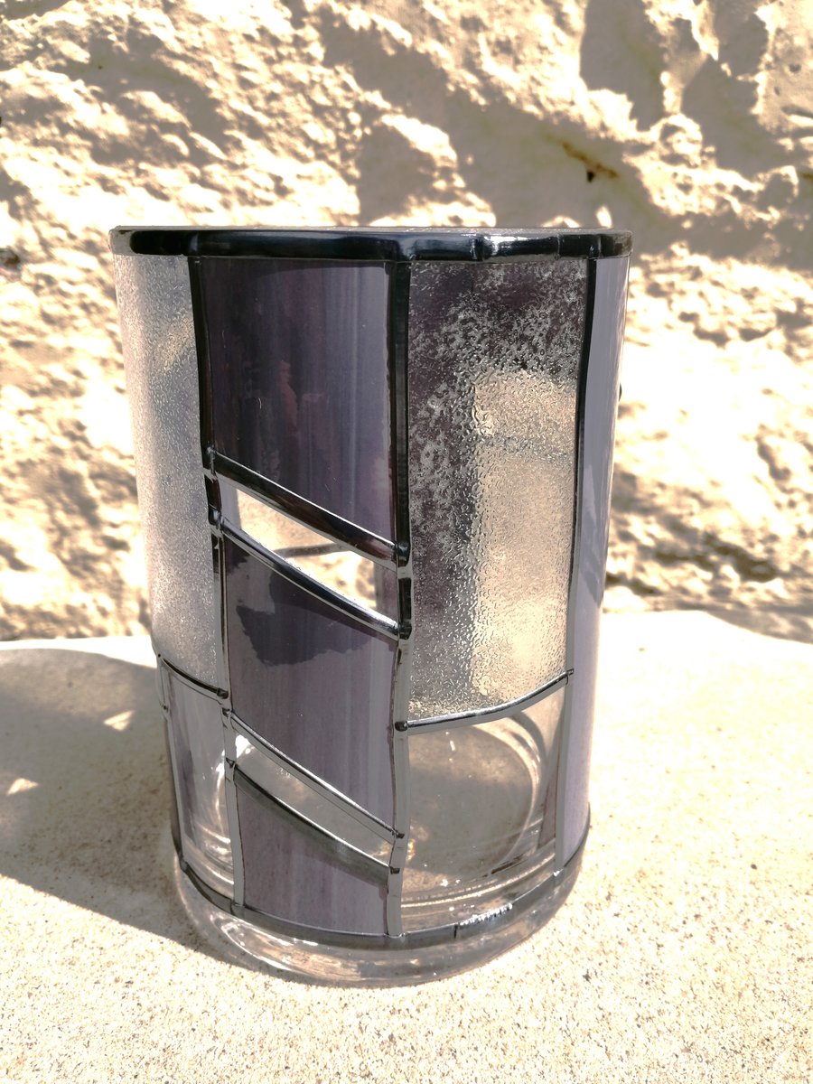 Marbled Shades Of Grey Stained Glass Effect Flower Vase with a Hand Leaded Art D