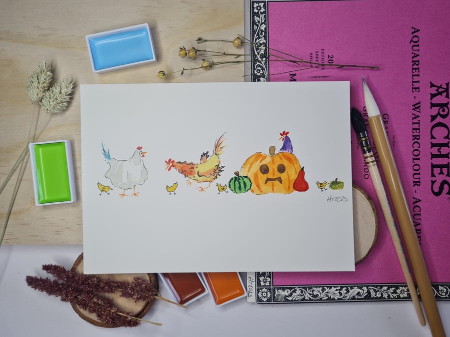 Mini Halloween Ghost Chicken Painting: Hand-Painted Watercolor Art