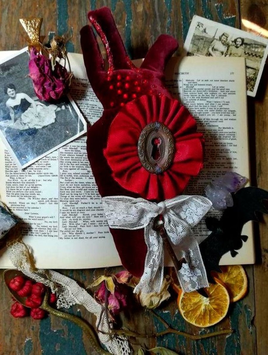 Vampire style heart textile art, heirloom textile art, Wall hanging, heart