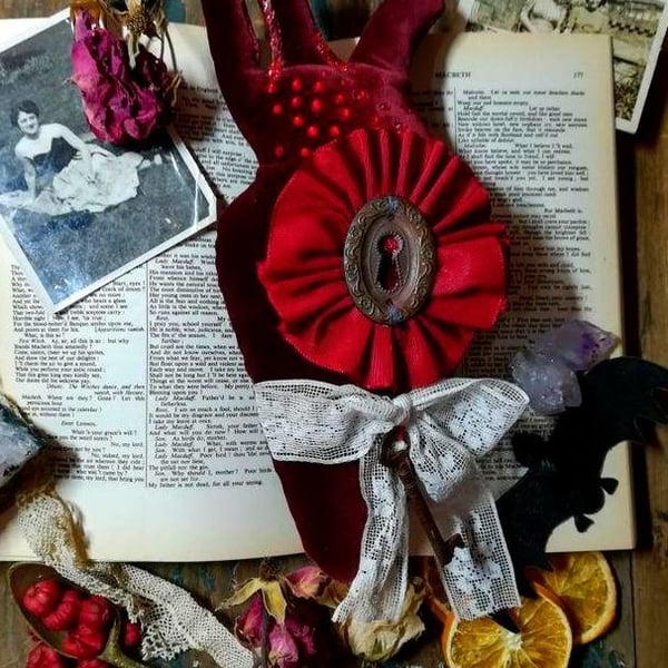 Vampire style heart textile art, heirloom textile art, Wall hanging, heart