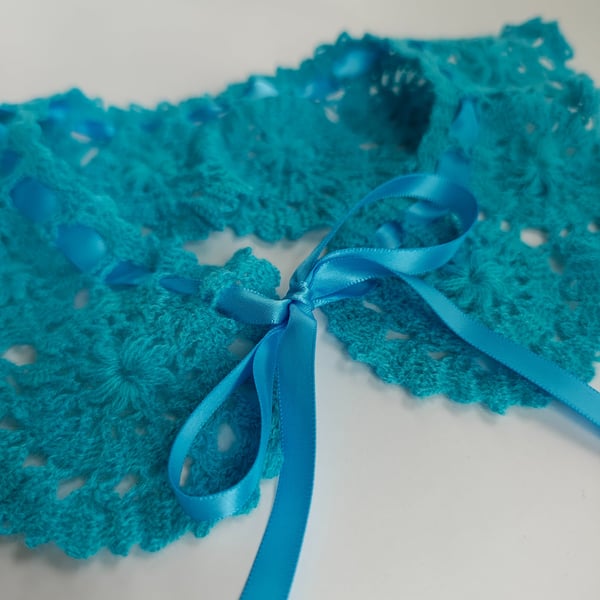 Blue Crochet Lace Collar, Handmade Detachable Floral Accessory with Satin Ribbon