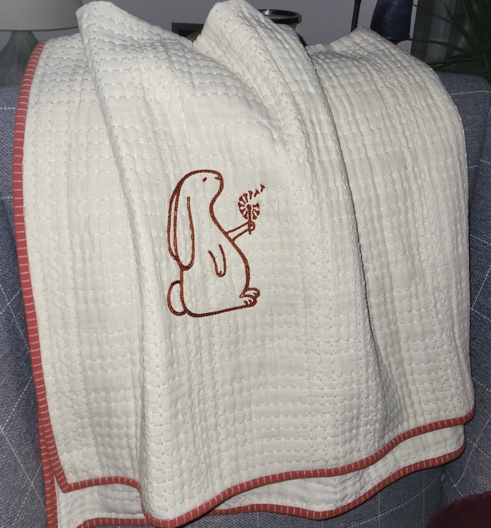 Embroidered Rabbit Ecru Cot Blanket Organic Cotton Heirloom