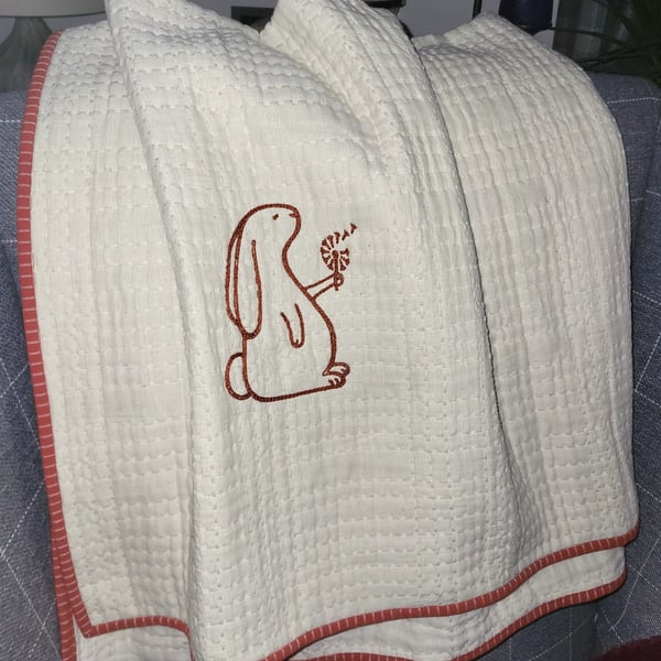 Embroidered Rabbit Ecru Cot Blanket Organic Cotton Heirloom