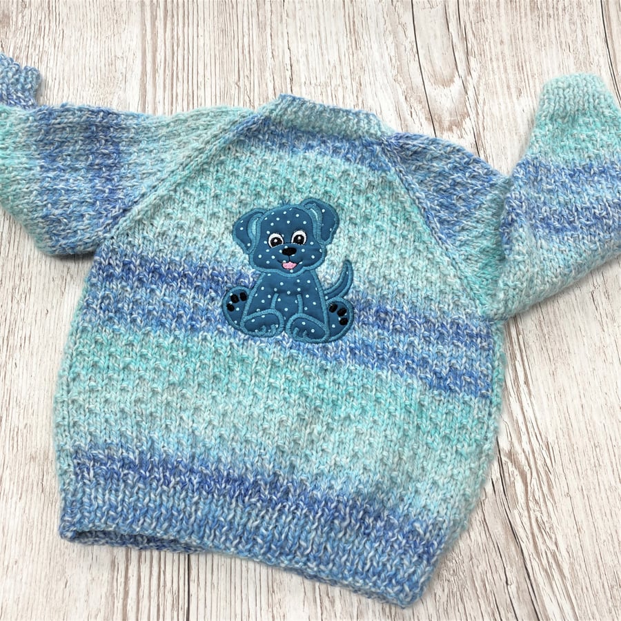 Boy's hand knitted cardigan 6 - 12ths with applique puppy