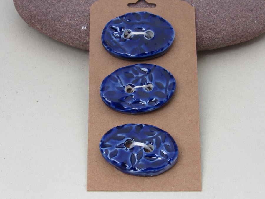 3 Medium Oval Cobalt Blue Leaf Sprig Pattern Ceramic Buttons