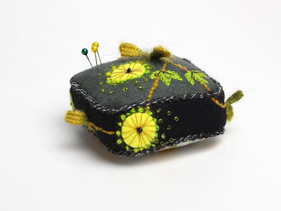 Charcoal felt half cube pincushion with almond blossom embroidery
