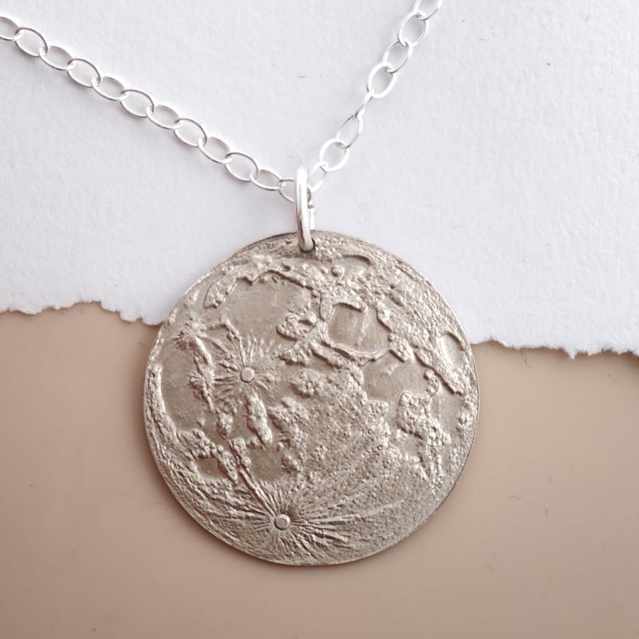 Moon Map Necklace, Large 30mm Recycled Sterling Silver Moon Pendant, 24 Inch Lon