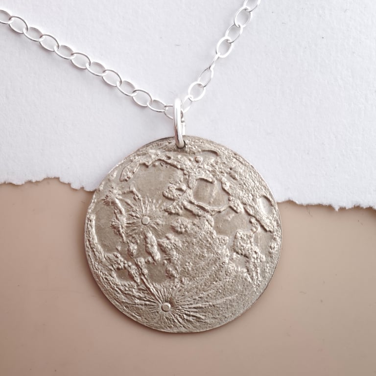 Moon Map Necklace, Large 30mm Recycled Sterling Silver Moon Pendant, 24 Inch Lon