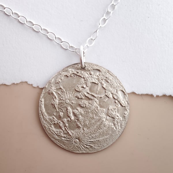 Moon Map Necklace, Large 30mm Recycled Sterling Silver Moon Pendant, 24 Inch Lon