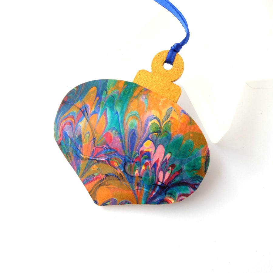 Hand marbled paper Christmas bauble hanging decoration