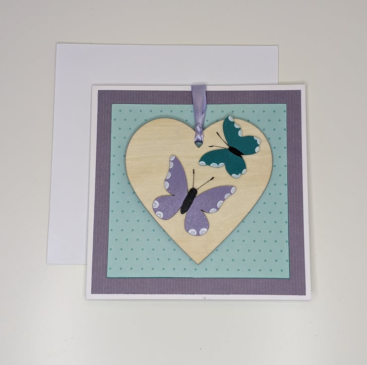 Butterflies, handmade card with wooden heart an... - Folksy