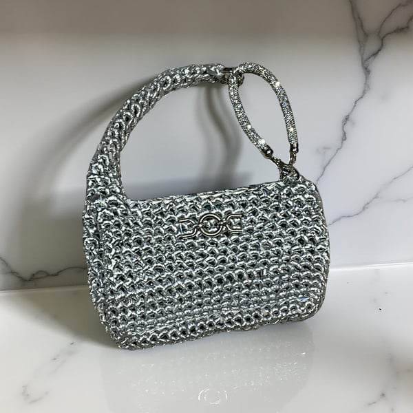 Metallic Silver Crochet Evening Bag