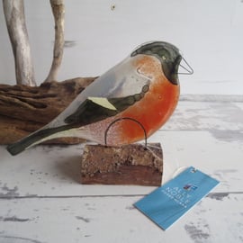A Bullfinch on a Log - Windowsill Decoration - Fused Glass - British Bird