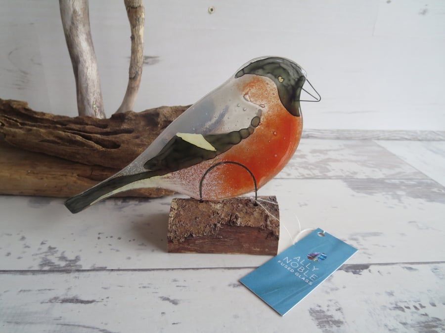A Bullfinch on a Log - Windowsill Decoration - Fused Glass - British Bird