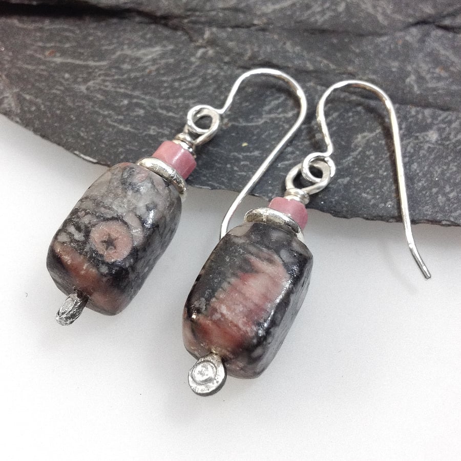 sterling silver crinoid fossil and rhodocrosite earrings