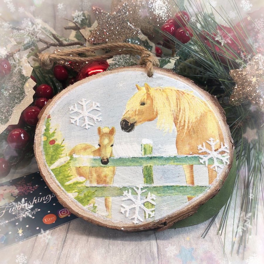 Pretty Palomino Pony rustic log slice Christmas tree decoration