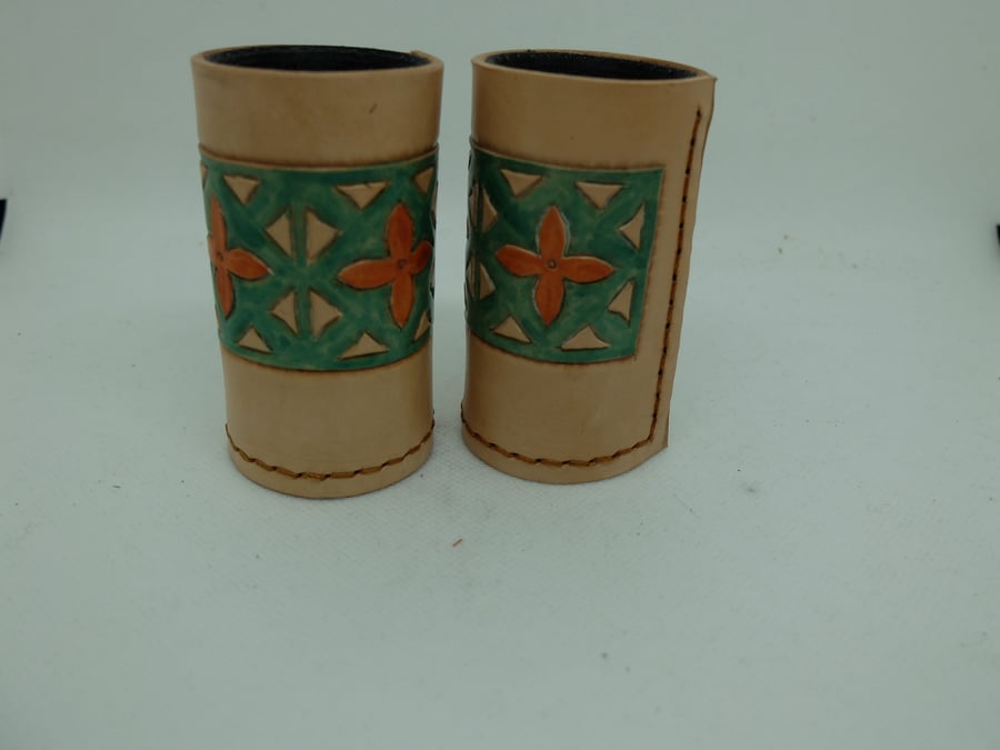 Colouful pair of handmade leather dice cups