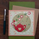 Handmade blank card, keepsake with red teapot and flowers