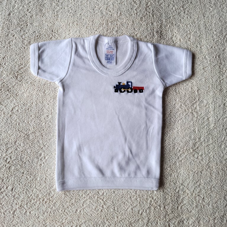Train, T-shirt, age 0-3 months, hand embroidered