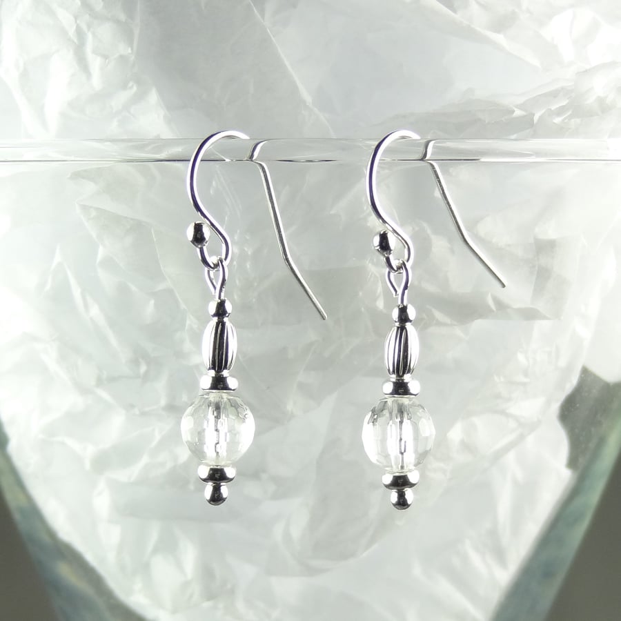 Rock Crystal natural stone drop earrings, sterling silver 6mm faceted colourless