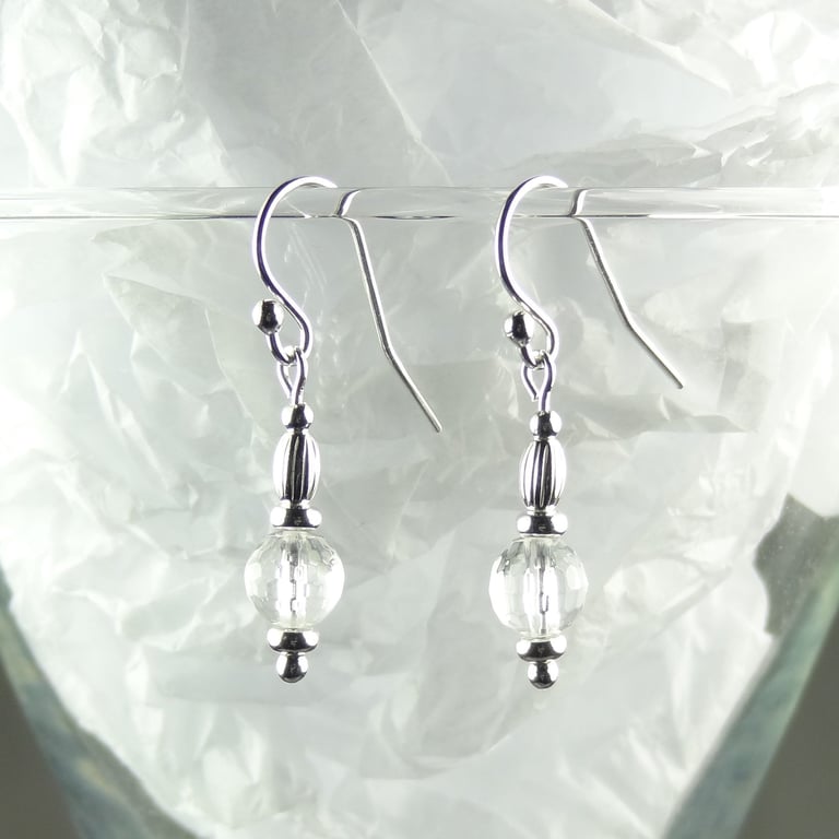 Rock Crystal natural stone drop earrings, sterling silver 6mm faceted colourless