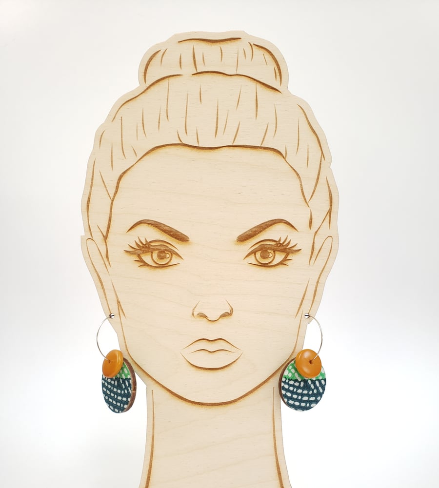 Small handmade wooden earrings in green, navy, white and burnt orange