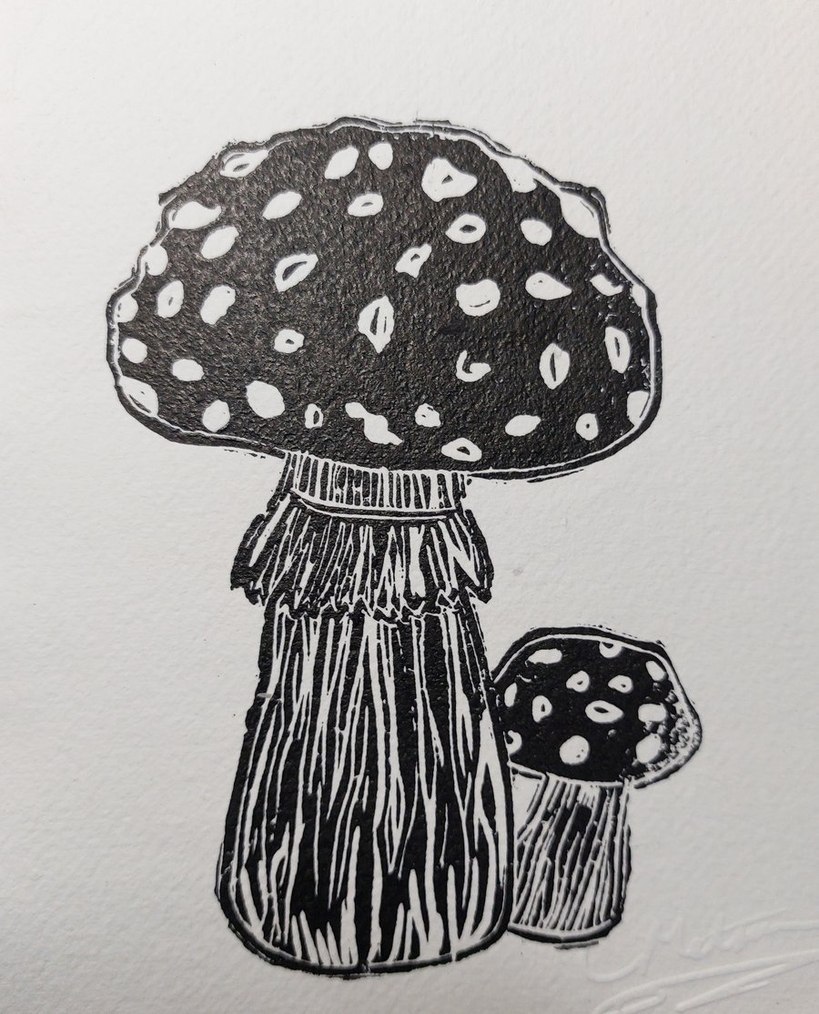 'Toadstools' - A5 lino print - black toadstool art print