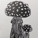 'Toadstools' - A5 lino print - black toadstool art print
