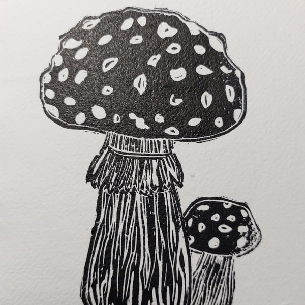 'Toadstools' - A5 lino print - black toadstool art print