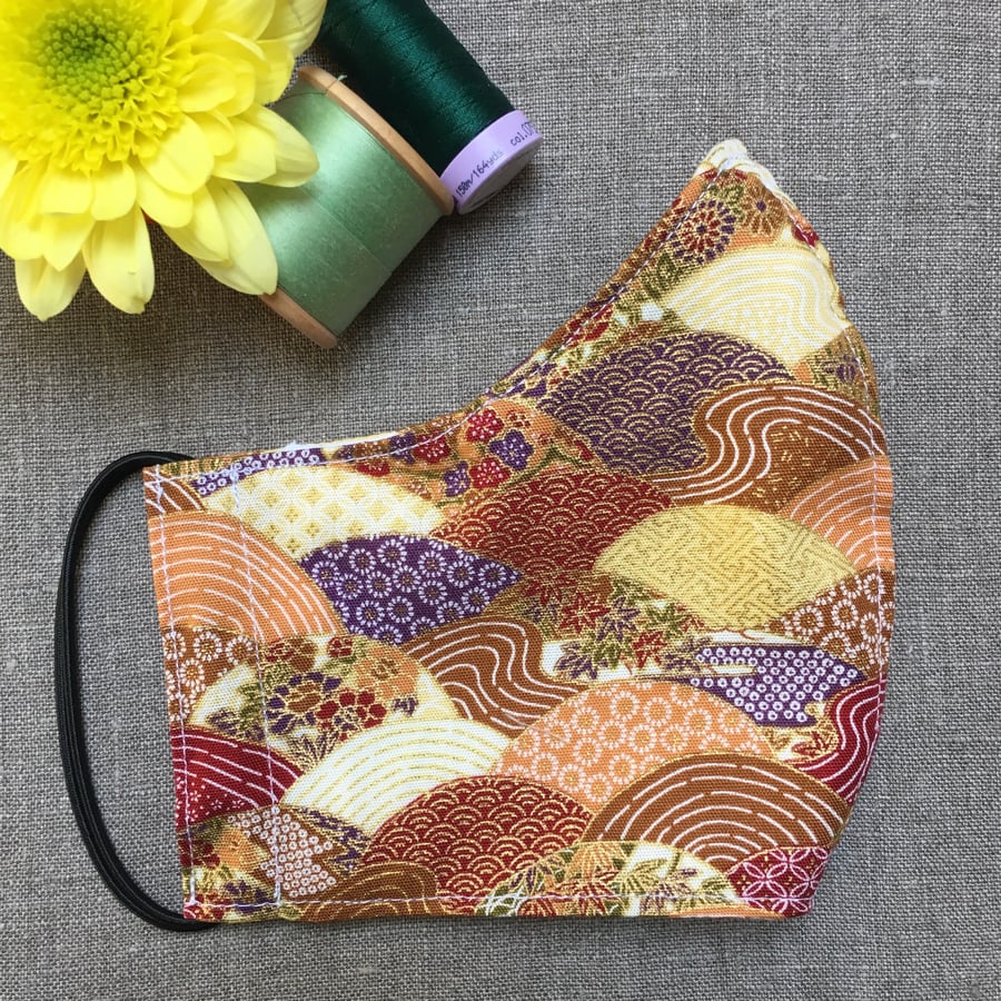 Japanese Red & Gold Patchwork Waves Cotton Face Mask Adult Child Reusable