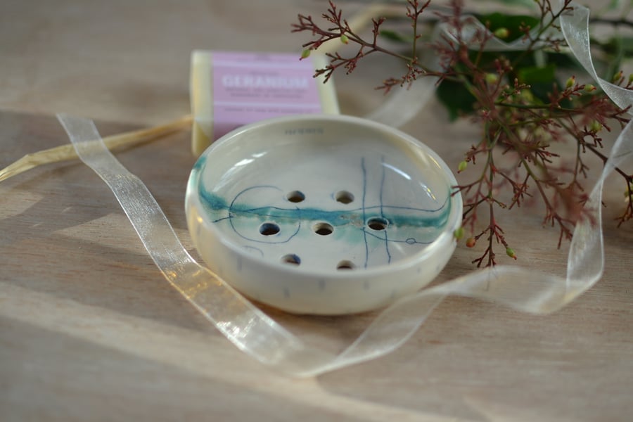 Seascape soap dish glazed in sea colours - includes an Eco friendly soap 