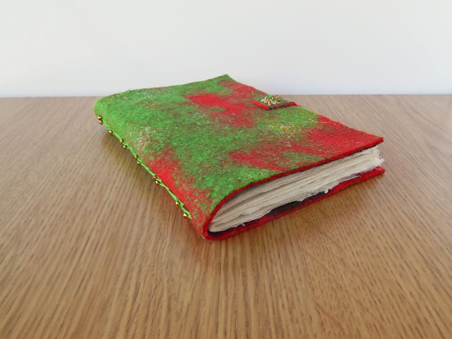 Red & Green Felt Journal Hand Felted with Hand Made Paper Pages.